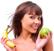 Young Woman Holding an Apple and Banana, Smaller